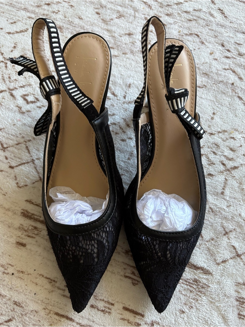NWOB NicoleMiller Pretty Black Lace Sling Backs W/Black/White Striped Straps SZ8